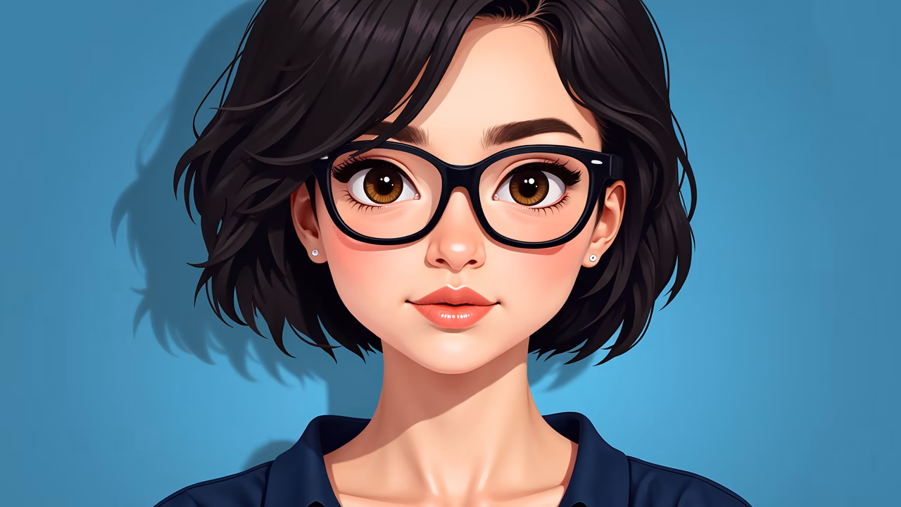 A charming portrait of a girl wearing glasses, set against a blue background.
