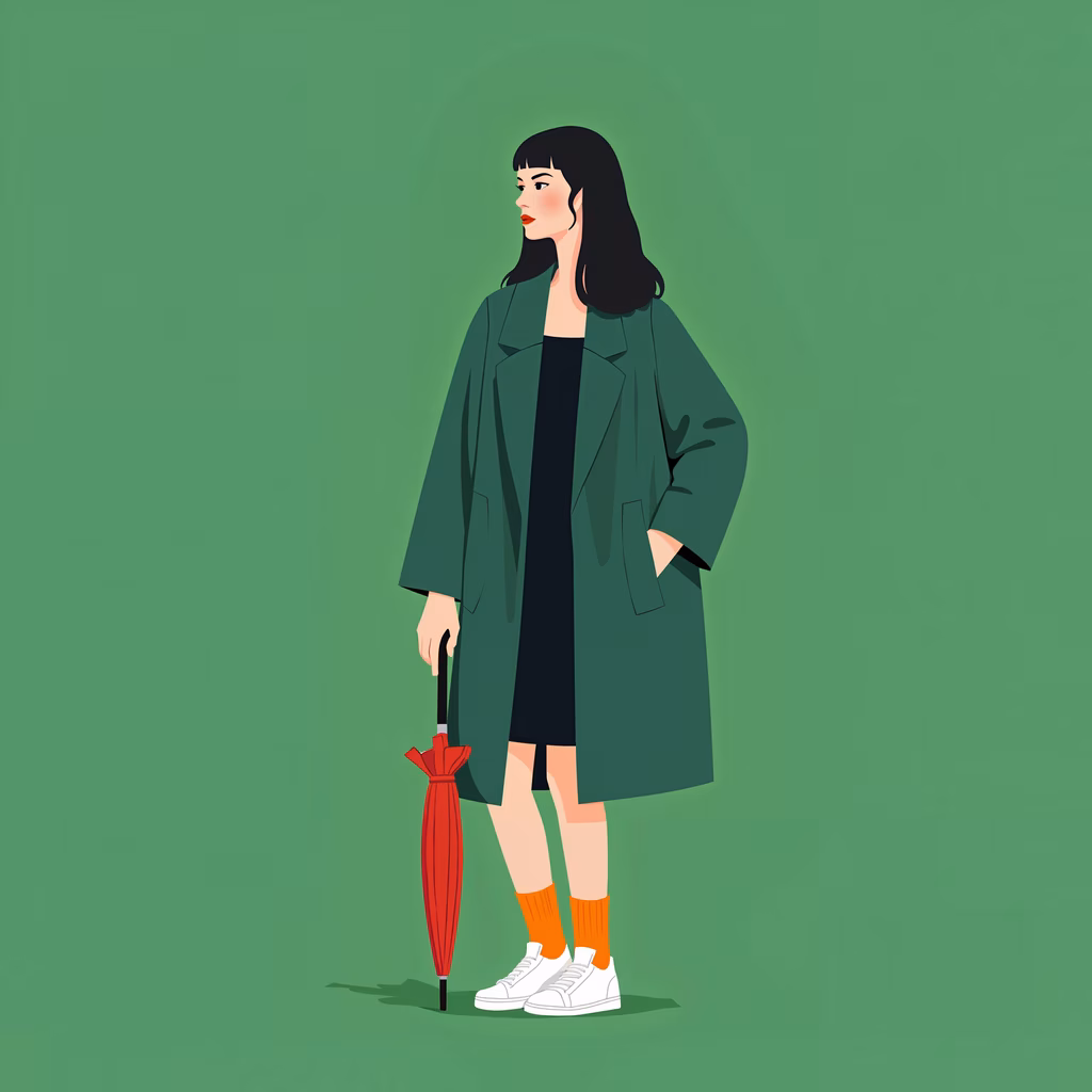Minimalist fashion illustration with green coat and red umbrella.