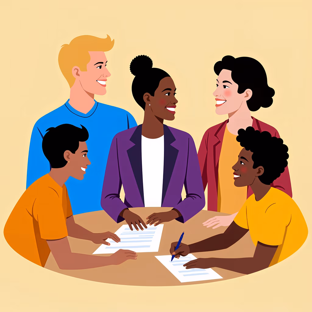 A group of five people engaged in a friendly discussion around a table, emphasizing collaboration and communication.