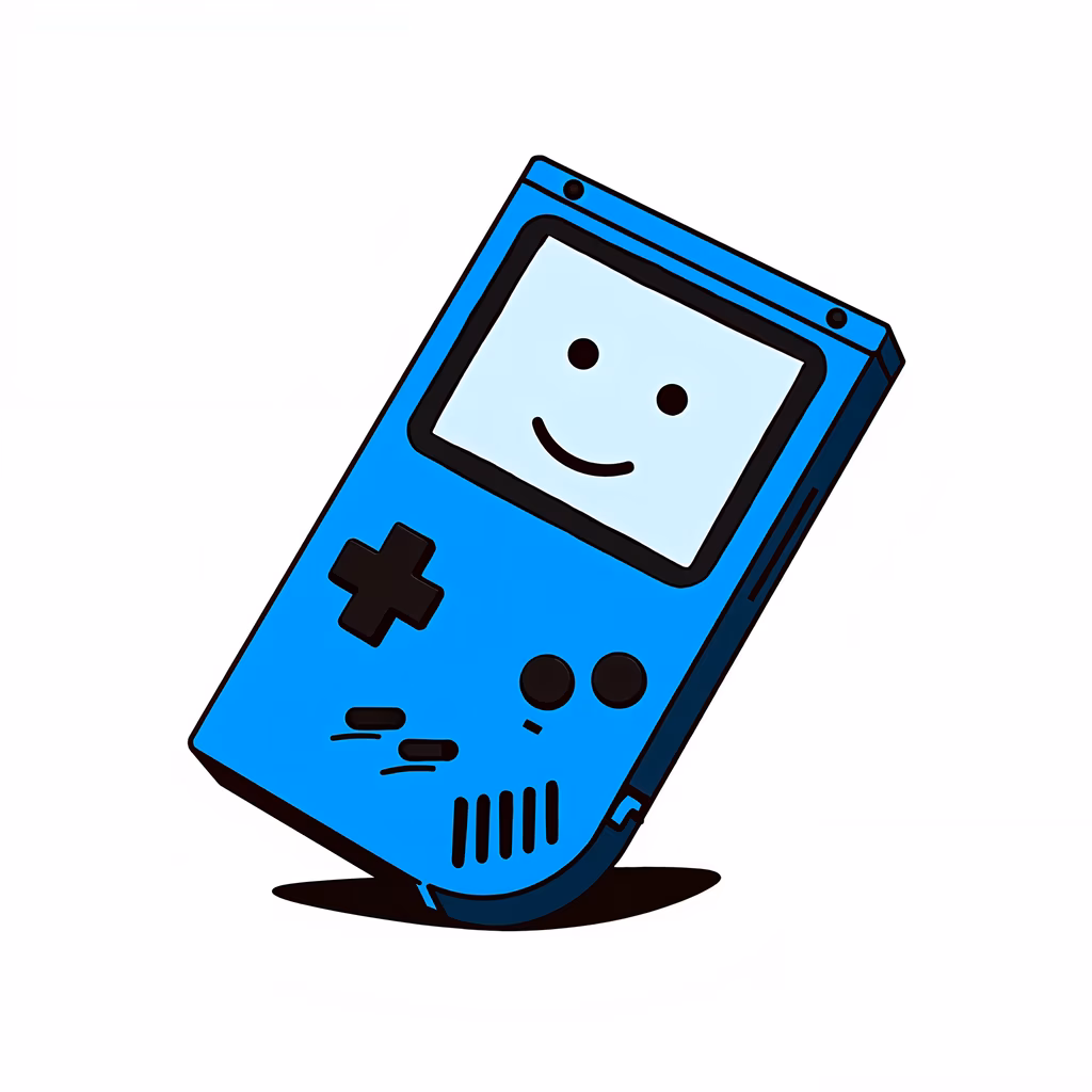 A cute, smiling Gameboy console in a simple, cheerful illustration style.