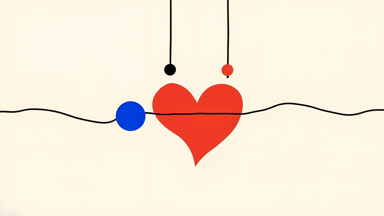 Minimalist heart illustration with balanced spheres on a neutral background.