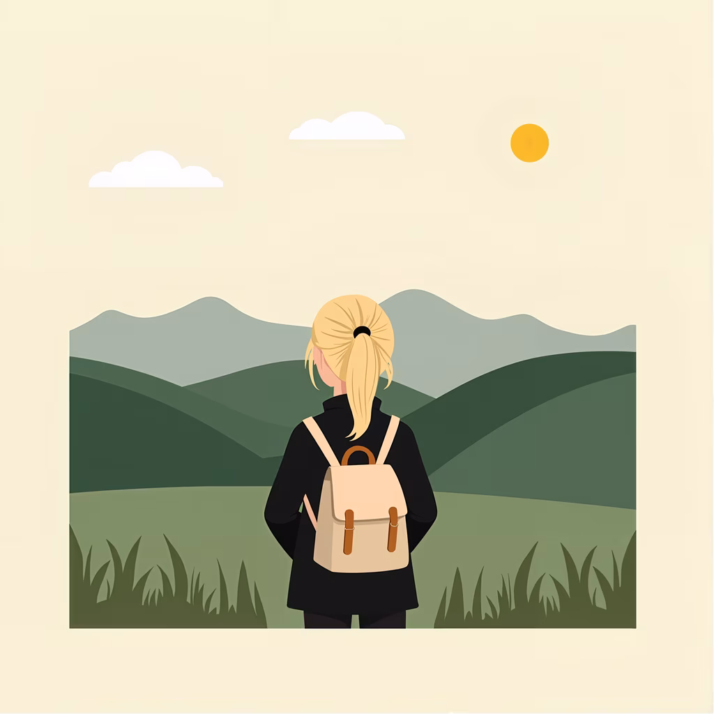 Minimalist illustration of a hiker in a tranquil landscape, evoking a sense of peace and solitude.