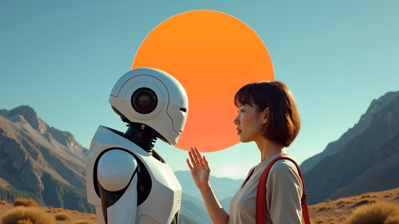 A humanoid robot and a woman greet each other against a stunning sunset backdrop.