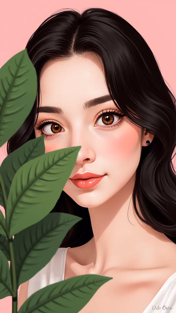 A delicate illustration of a woman with green leaves, set against a pink backdrop.