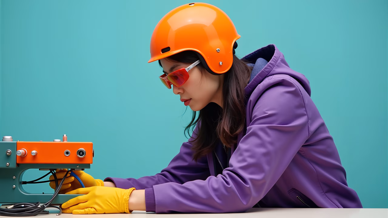 Brightly colored industrial chic fashion in action.