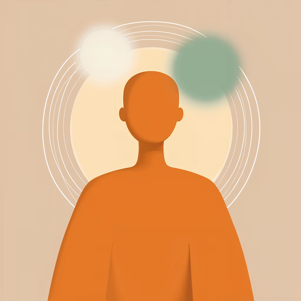 Minimalist figure with glowing orbs, symbolizing inner peace and balance.