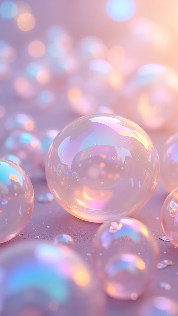 Mesmerizing iridescent bubbles against a soft pastel backdrop, evoking wonder and tranquility.