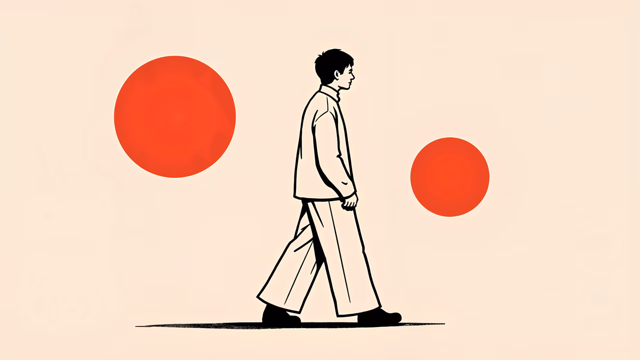 Minimalist illustration of a man walking between two red circles, symbolizing duality and balance.