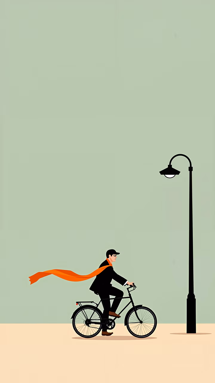 Minimalist urban illustration of a man cycling with an orange scarf, evoking mystery and intrigue.