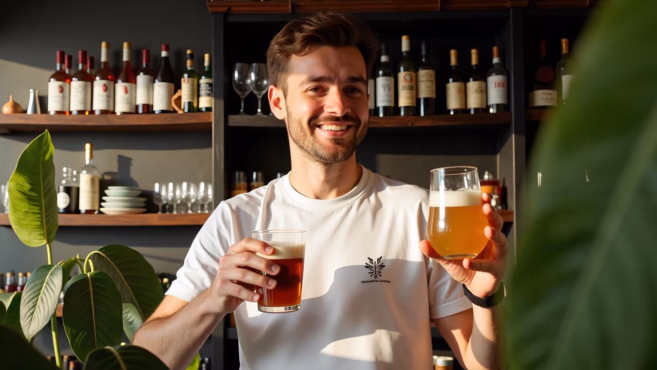 Man enjoying beers in a cozy bar setting.
