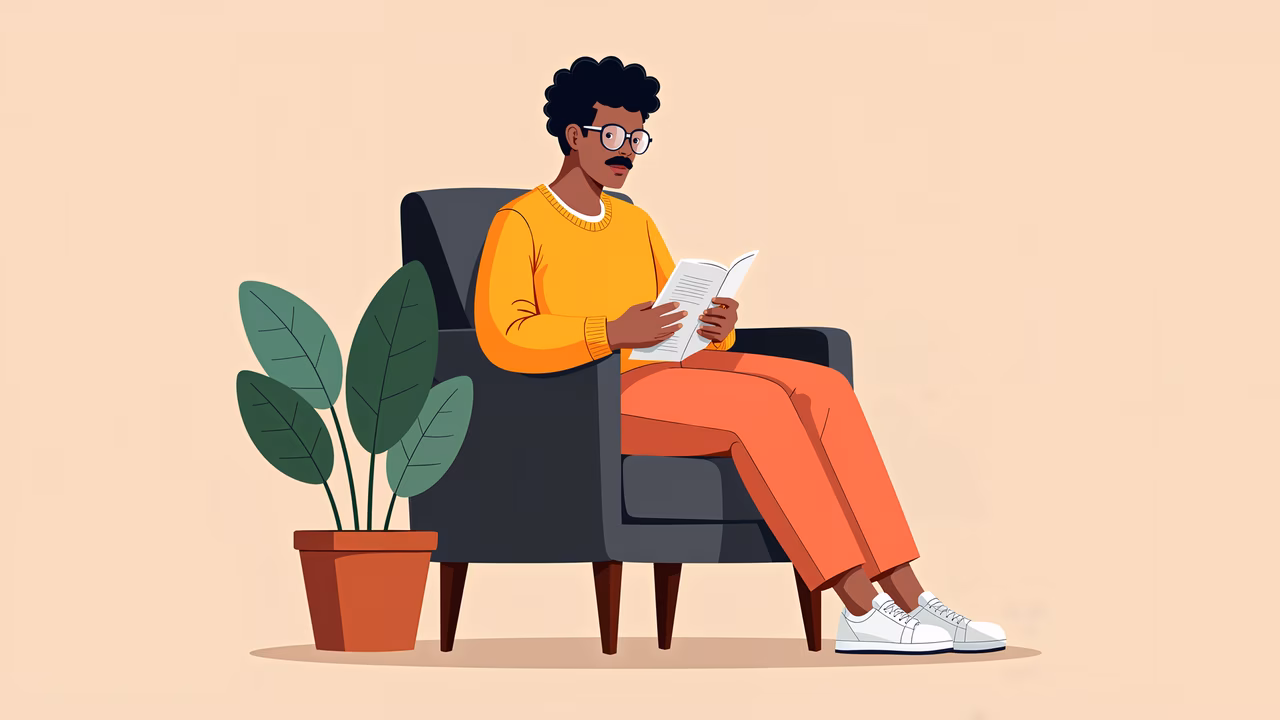A man relaxing with a book, surrounded by comfort and nature in a cozy setting.