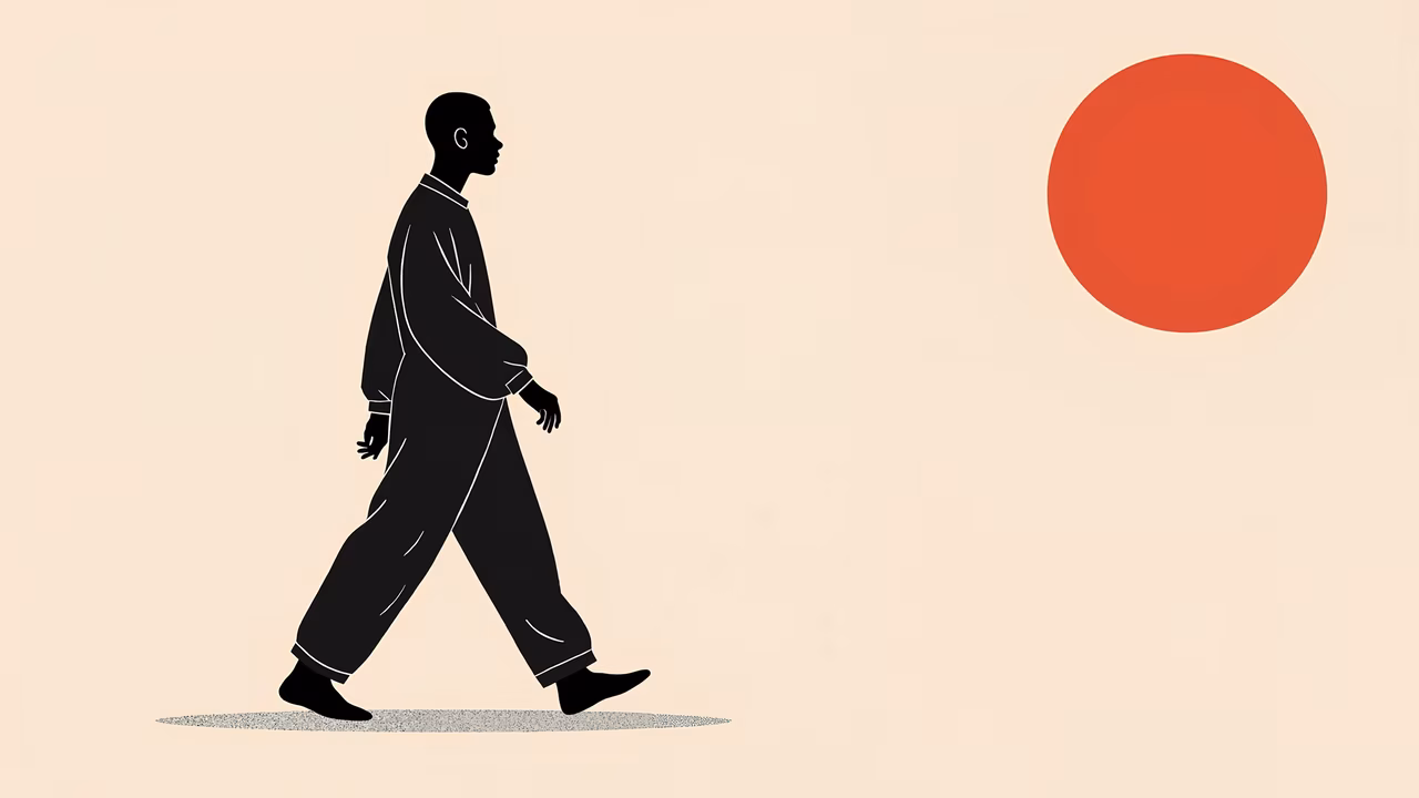 Silhouette of a man walking towards a bright sun, symbolizing journey and hope.
