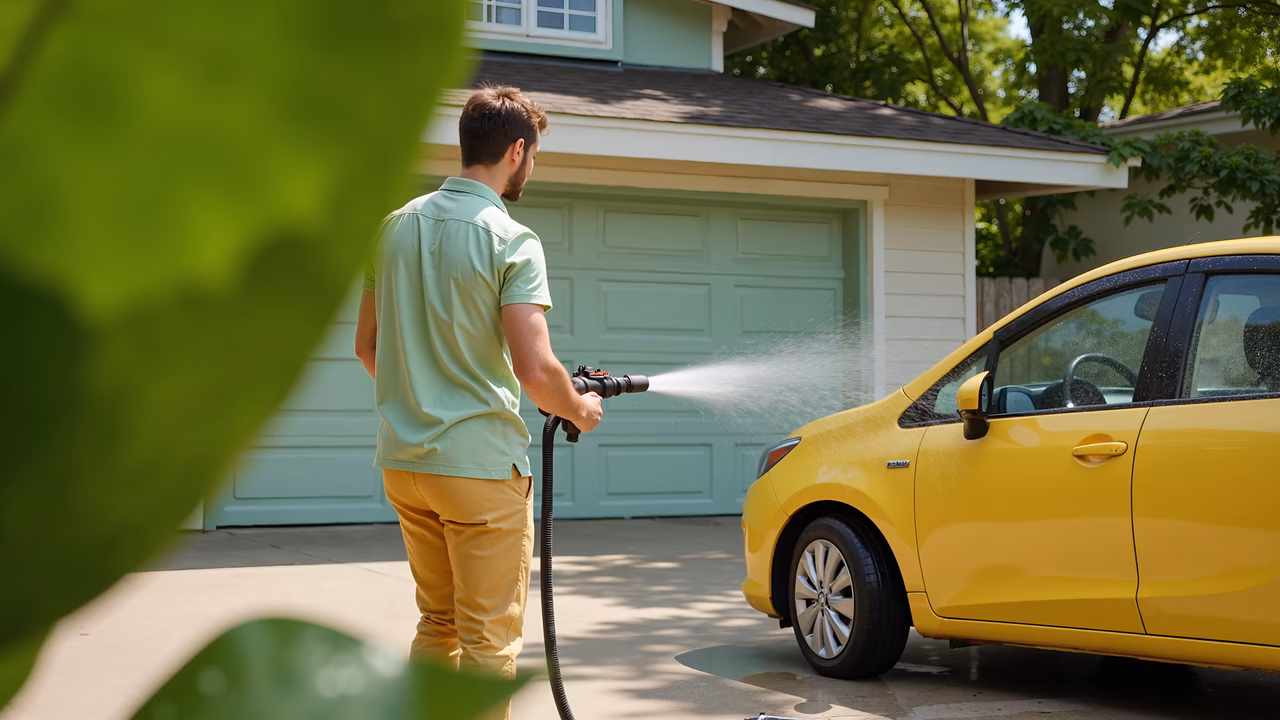 Man washing vibrant yellow car under sunny skies, symbolizing daily chores and care.