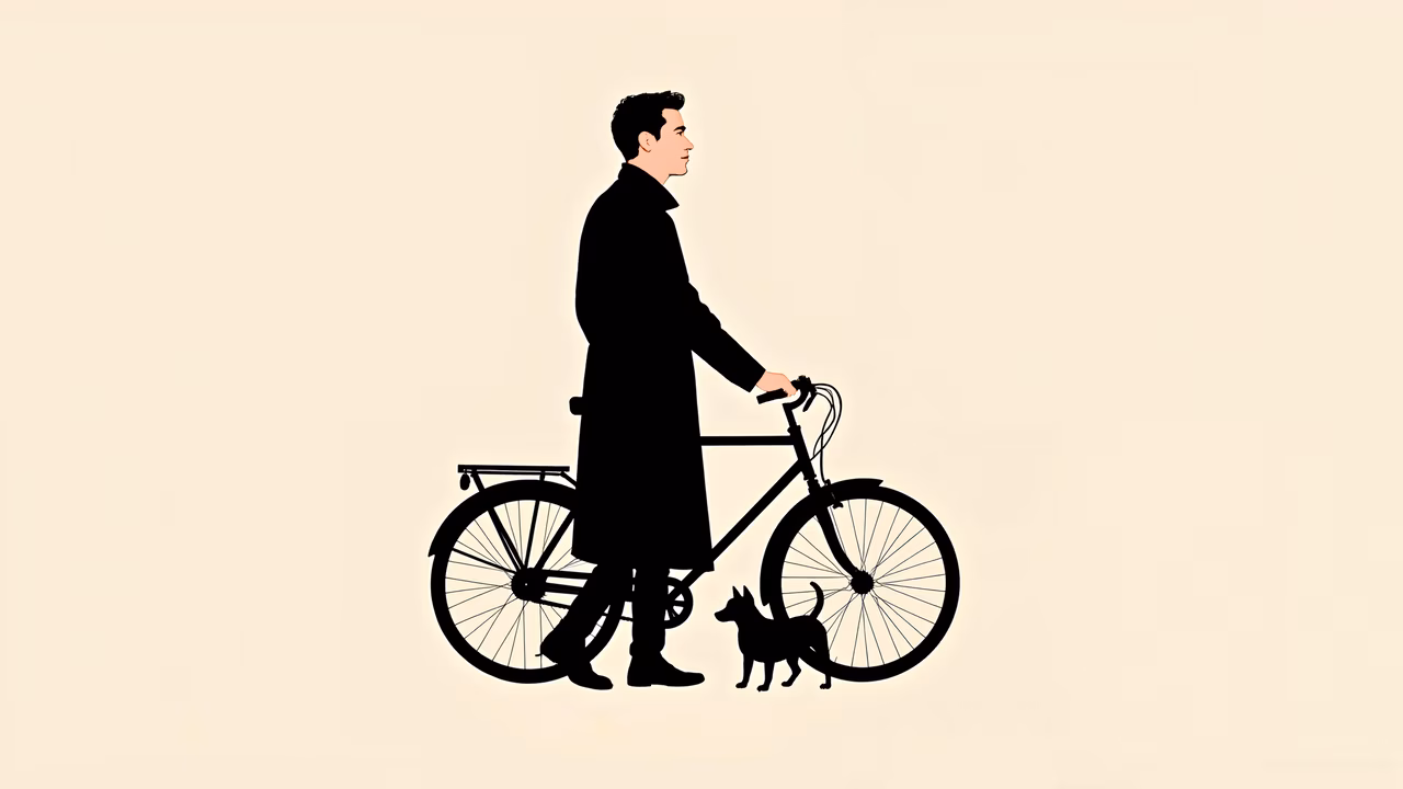 A man walking his bicycle with a dog, minimalist illustration, peaceful atmosphere.