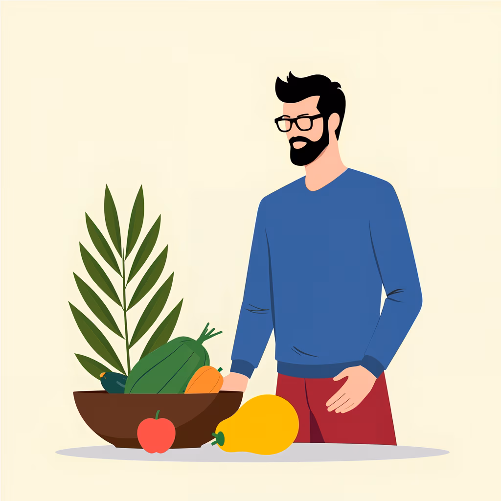 A man with fresh produce, healthy lifestyle, casual attire, vibrant colors, neutral background.
