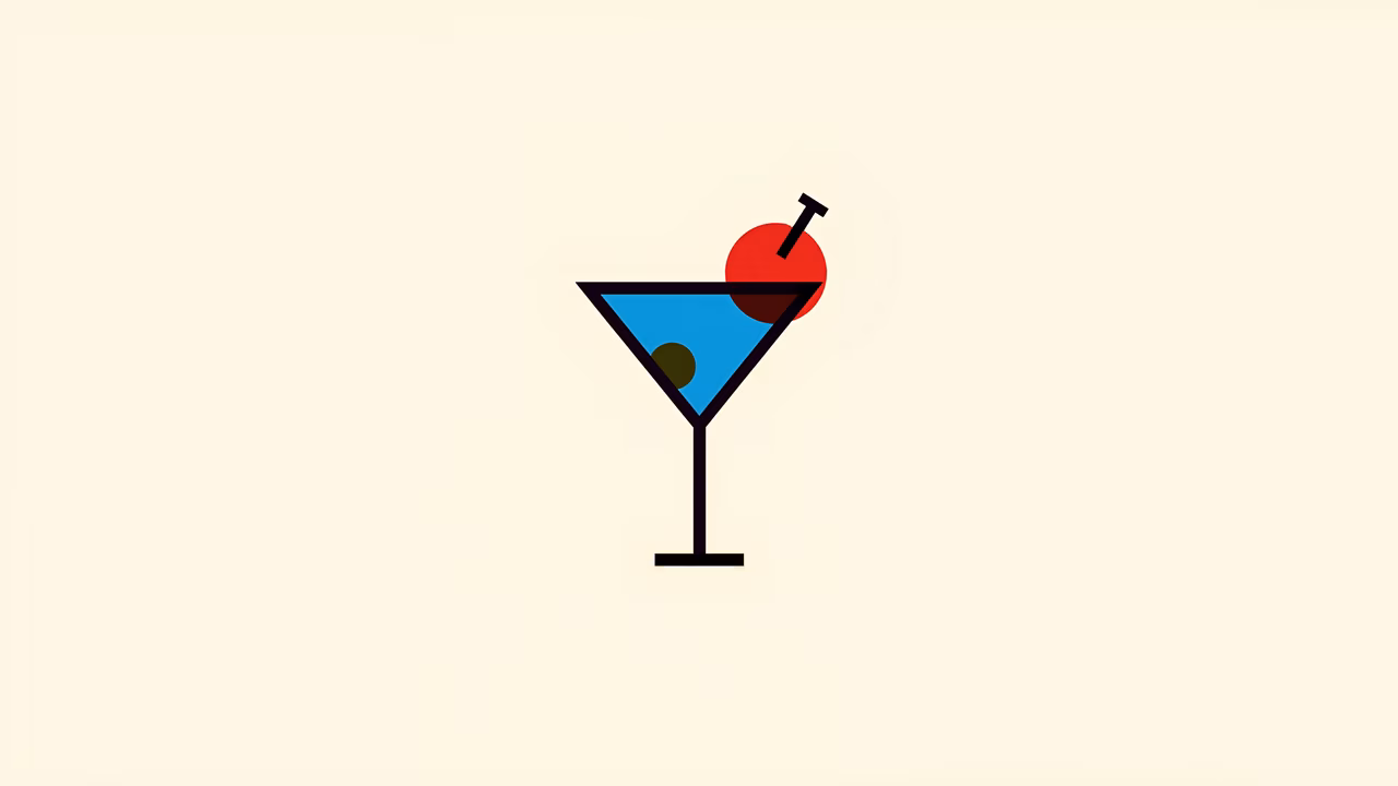 Minimalist illustration of a martini glass with a cherry and olive garnish.