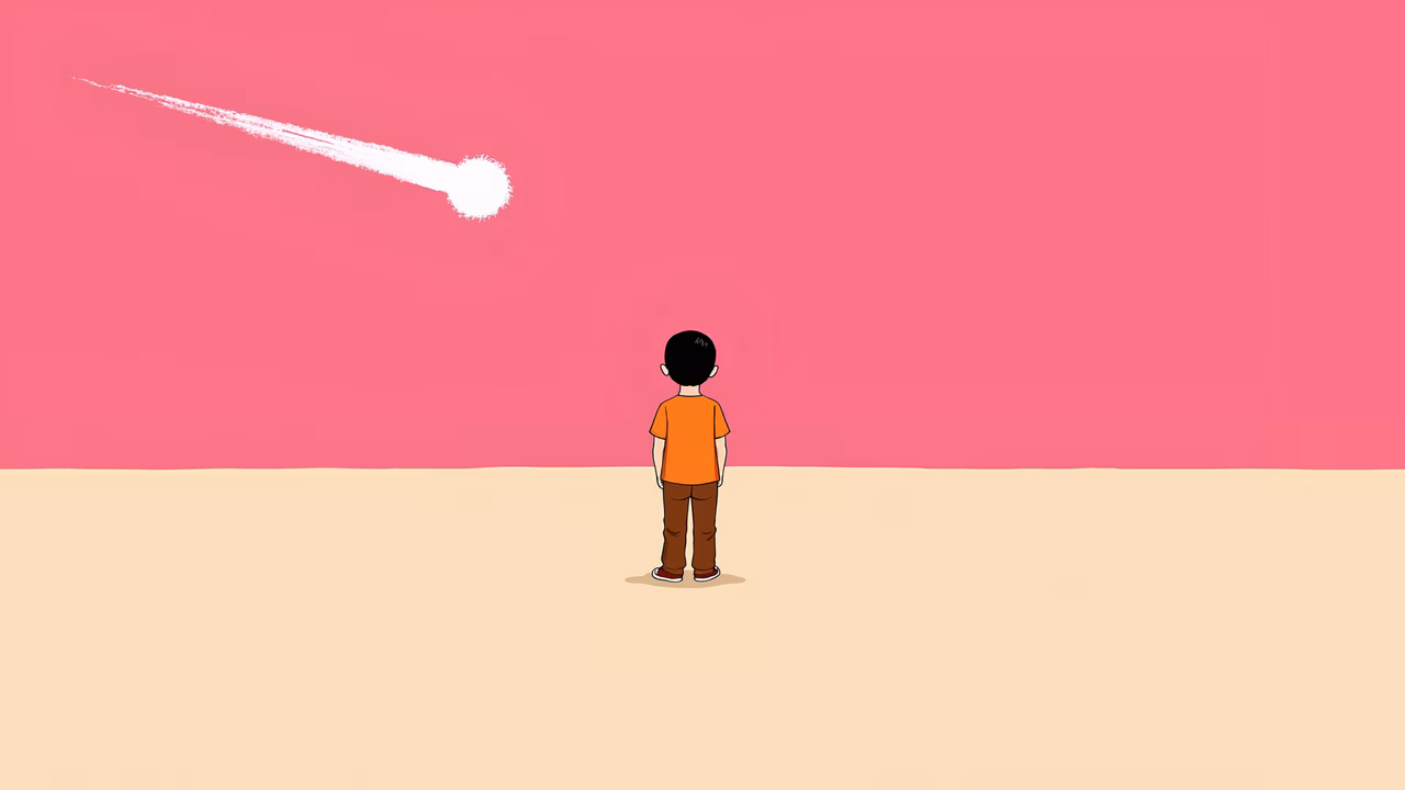 A boy watches a meteor streak across a pink sky in a minimalist landscape.
