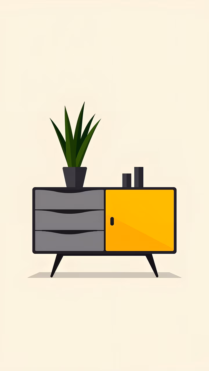 Minimalist furniture design with gray drawers and a yellow cabinet door, featuring a potted plant.