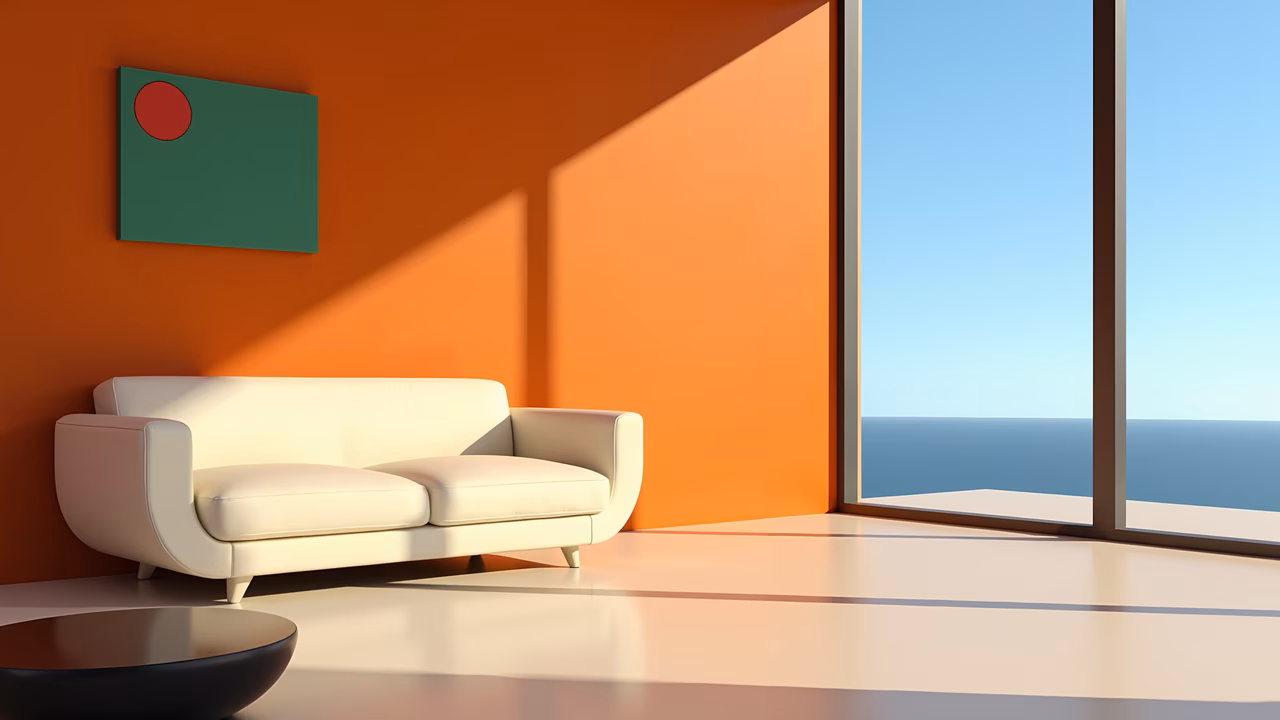 Modern minimalist living room with vibrant orange walls and ocean view.