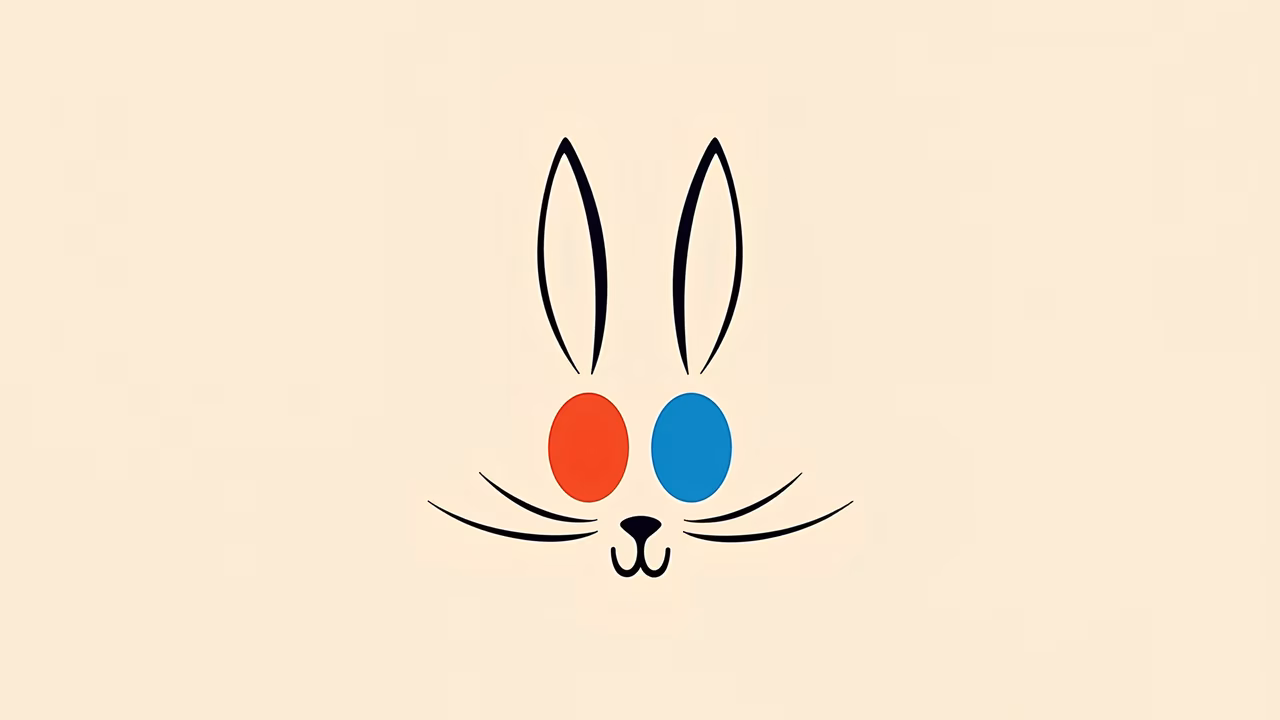 Minimalist rabbit with contrasting red and blue eyes on a beige background.