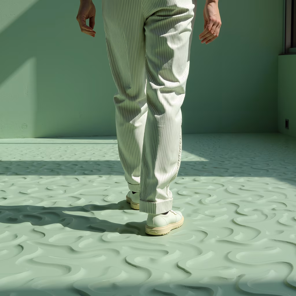 Elegant minimalism in pastel greens and striped pants.
