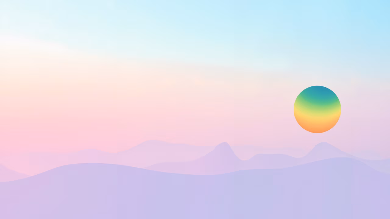 A minimalist sunset illustration featuring a vibrant sun and silhouetted mountains.