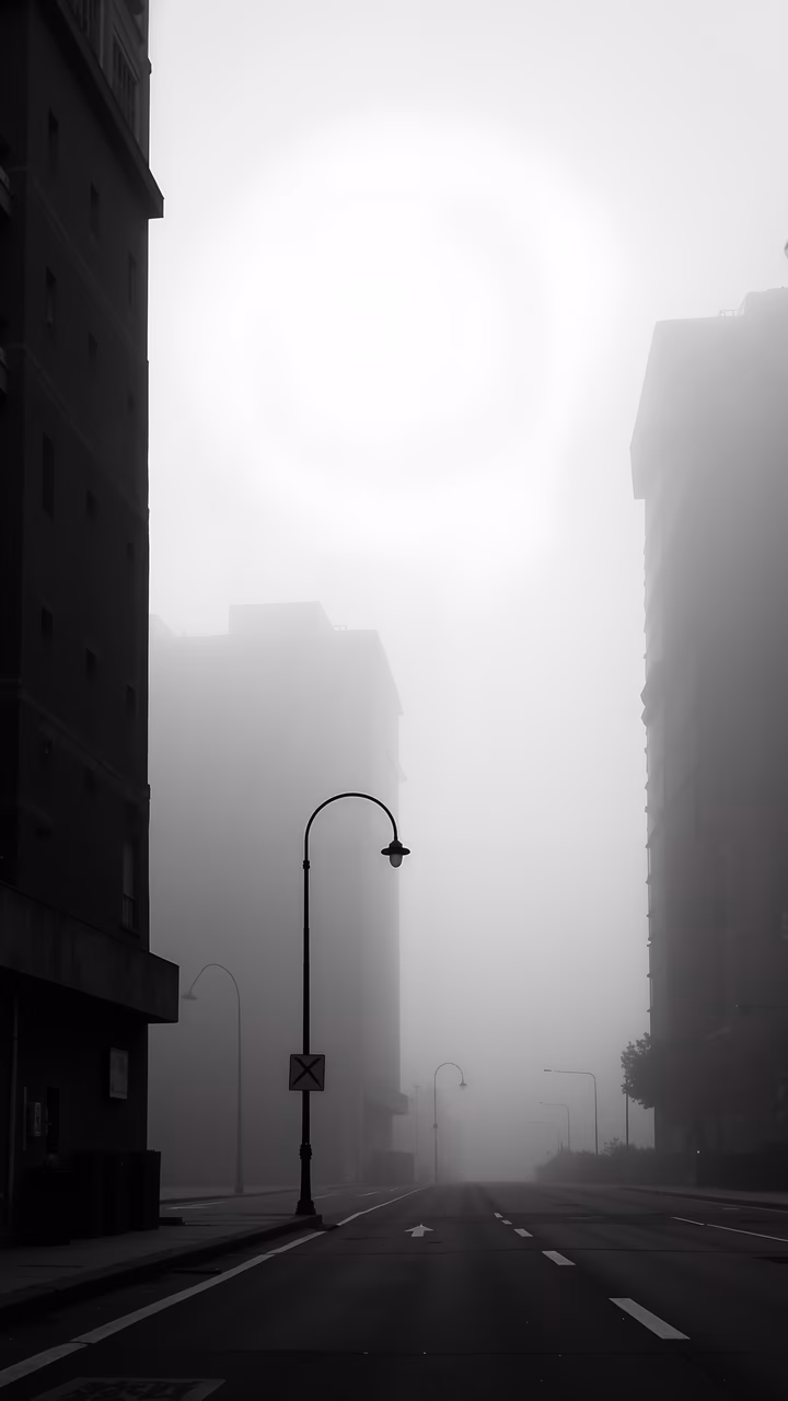 A foggy urban avenue captured in black and white, evoking mystery and solitude.