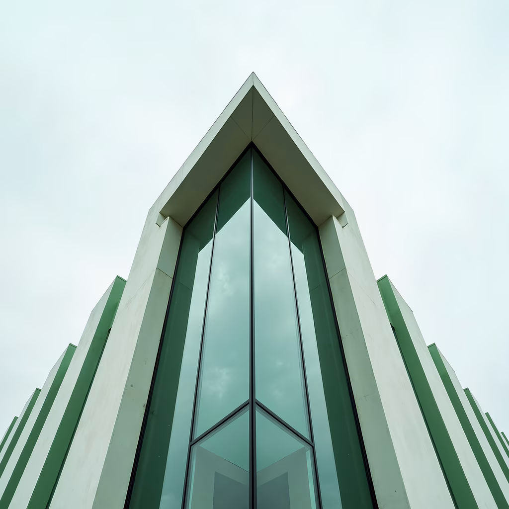 Modern architectural reflections in muted greens under an overcast sky.