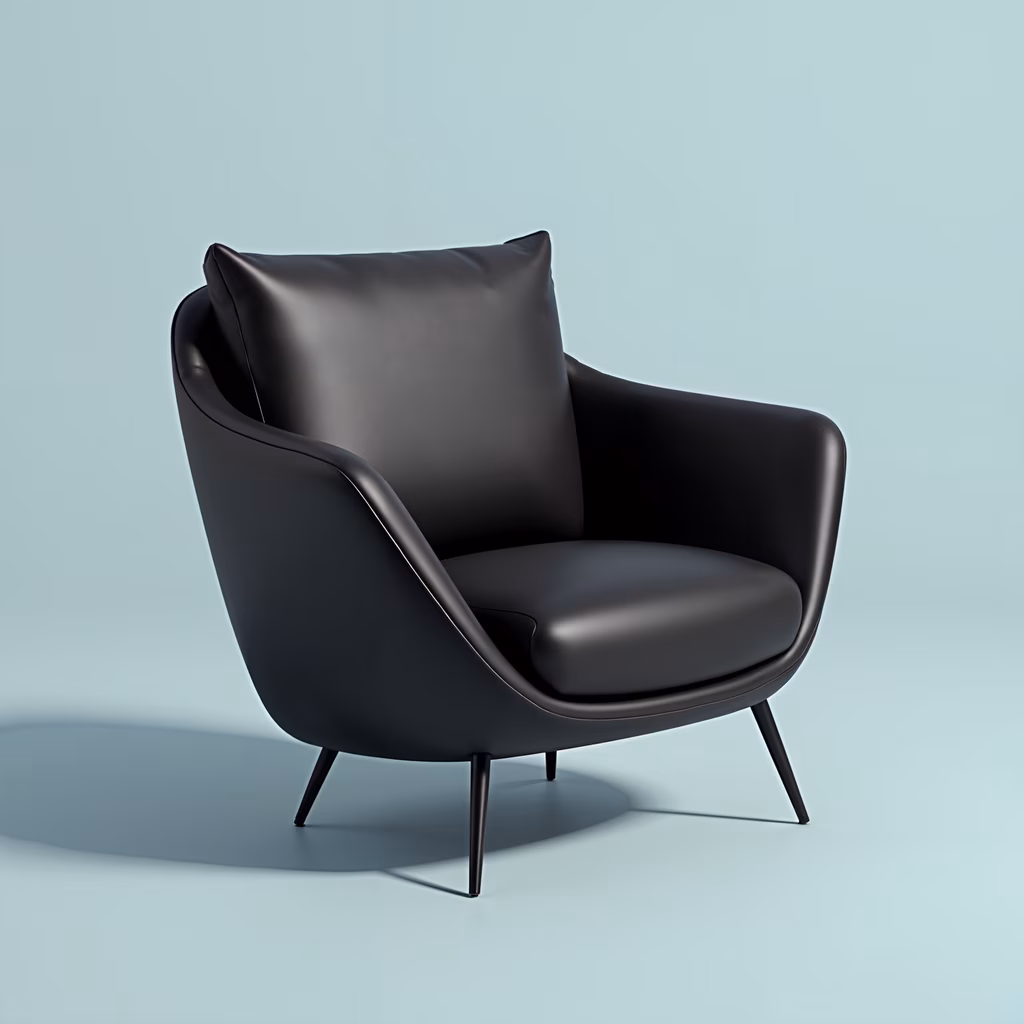 Minimalist black armchair with glossy leather and pastel blue backdrop