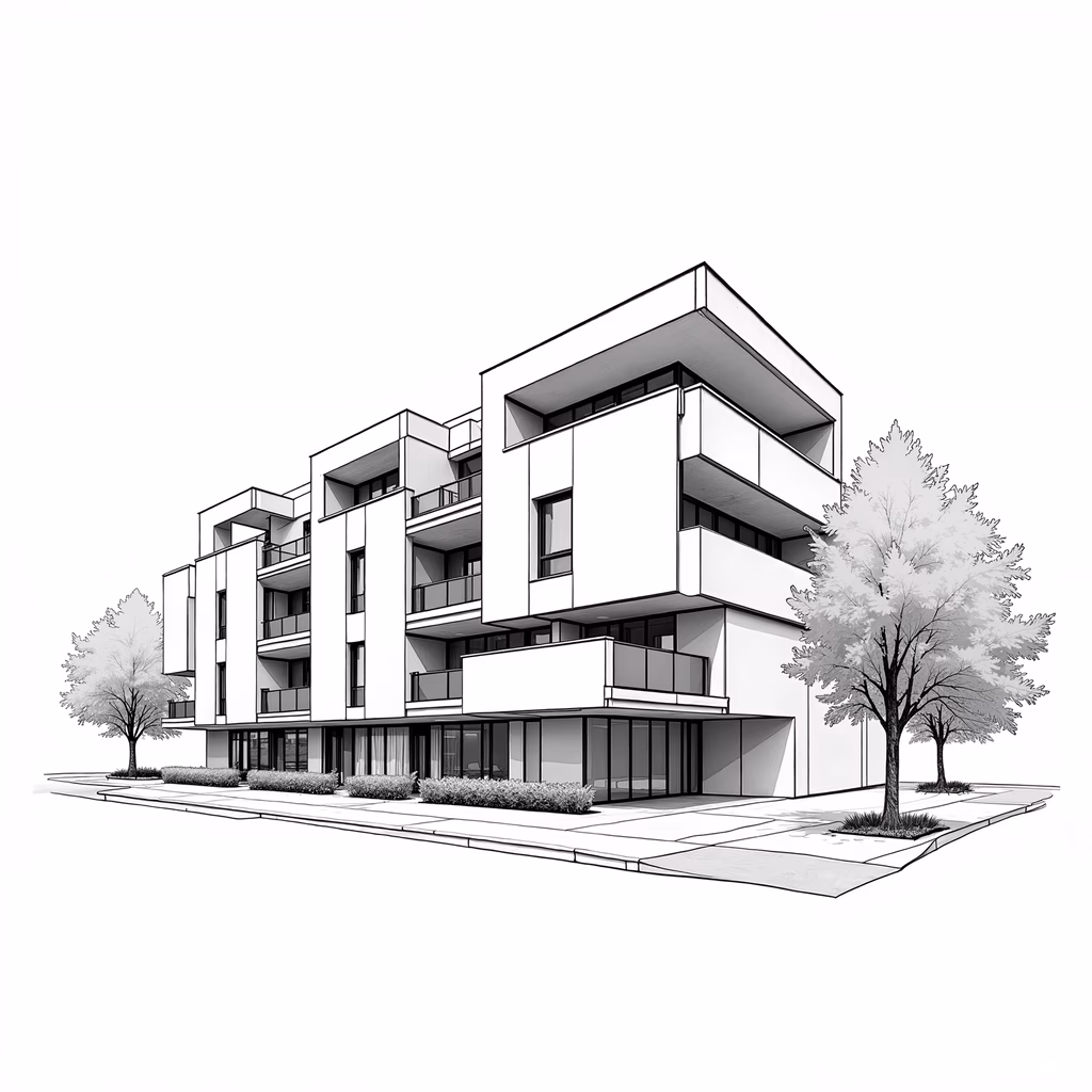 Modern architectural illustration featuring a multi-story building with clean lines and geometric shapes.