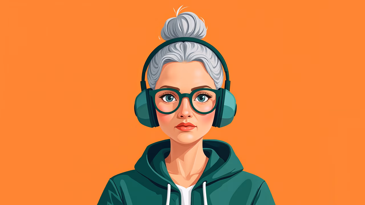 A modern granny in a stylish bun, headphones, and green hoodie against an orange backdrop.