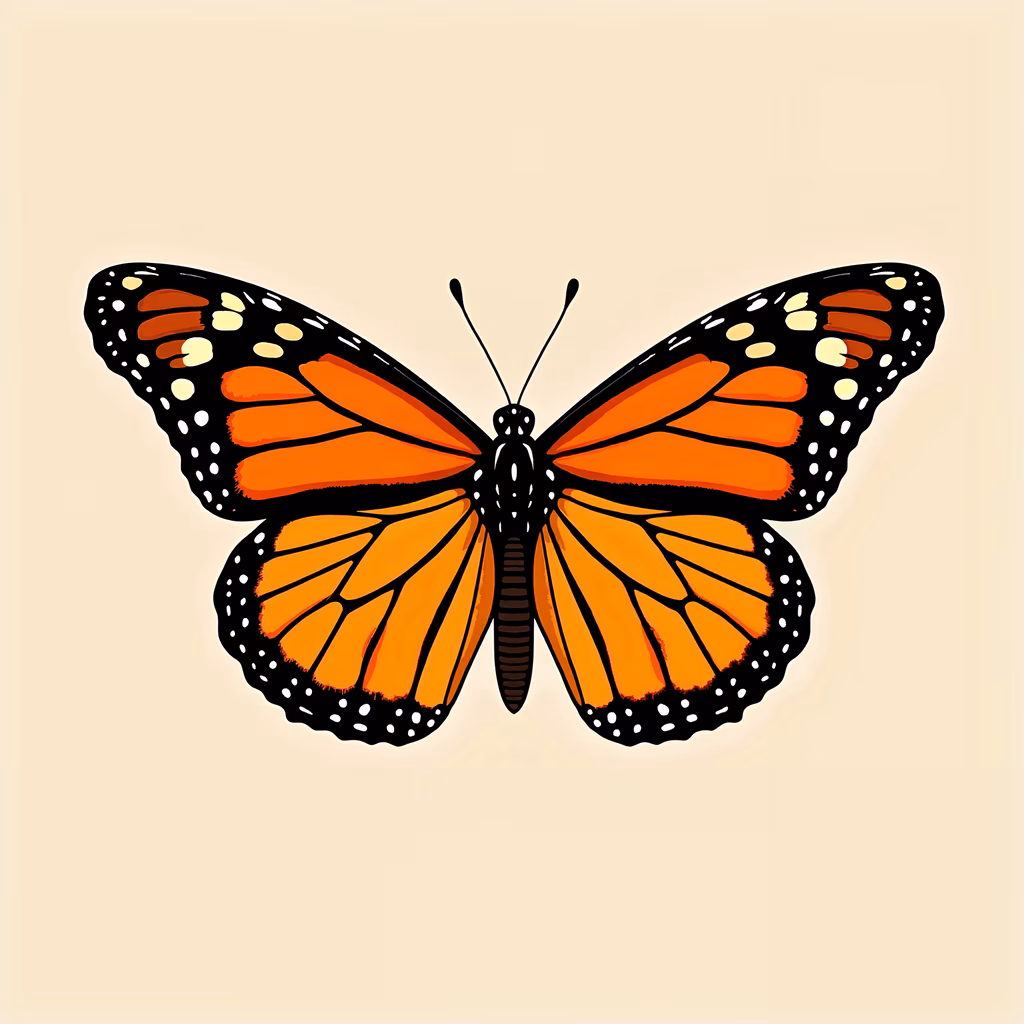 Detailed monarch butterfly illustration with bold colors and intricate patterns.