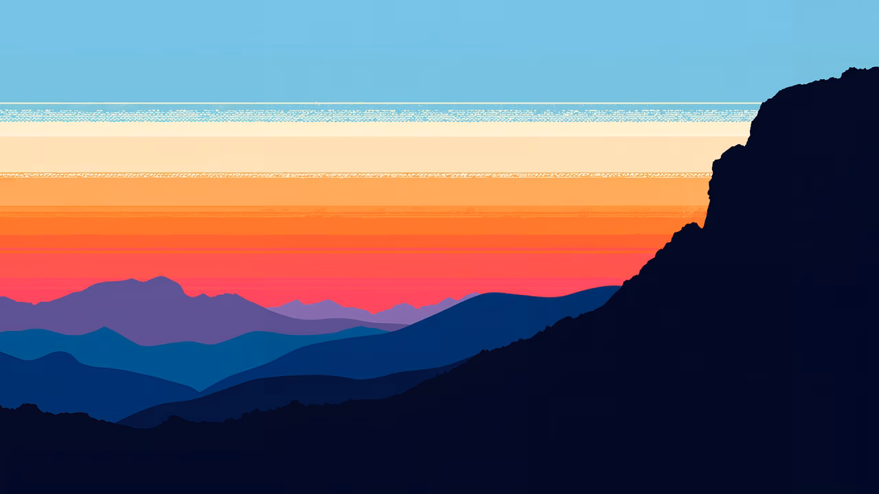 A peaceful sunset scene with layered mountains and a colorful sky.