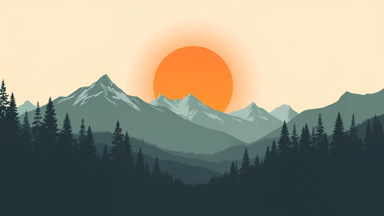 A tranquil mountain sunset scene with a warm sun and silhouetted trees.