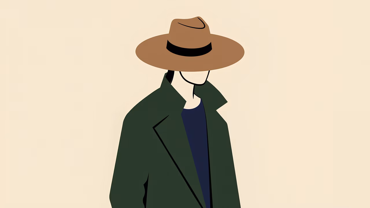 Minimalist fashion illustration of a mysterious figure in a hat.