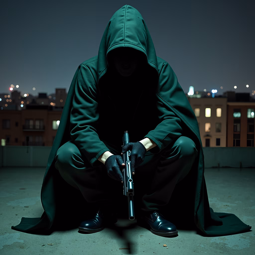 Mysterious figure with flute on rooftop at night, cool green light, city skyline, contemplative mood.