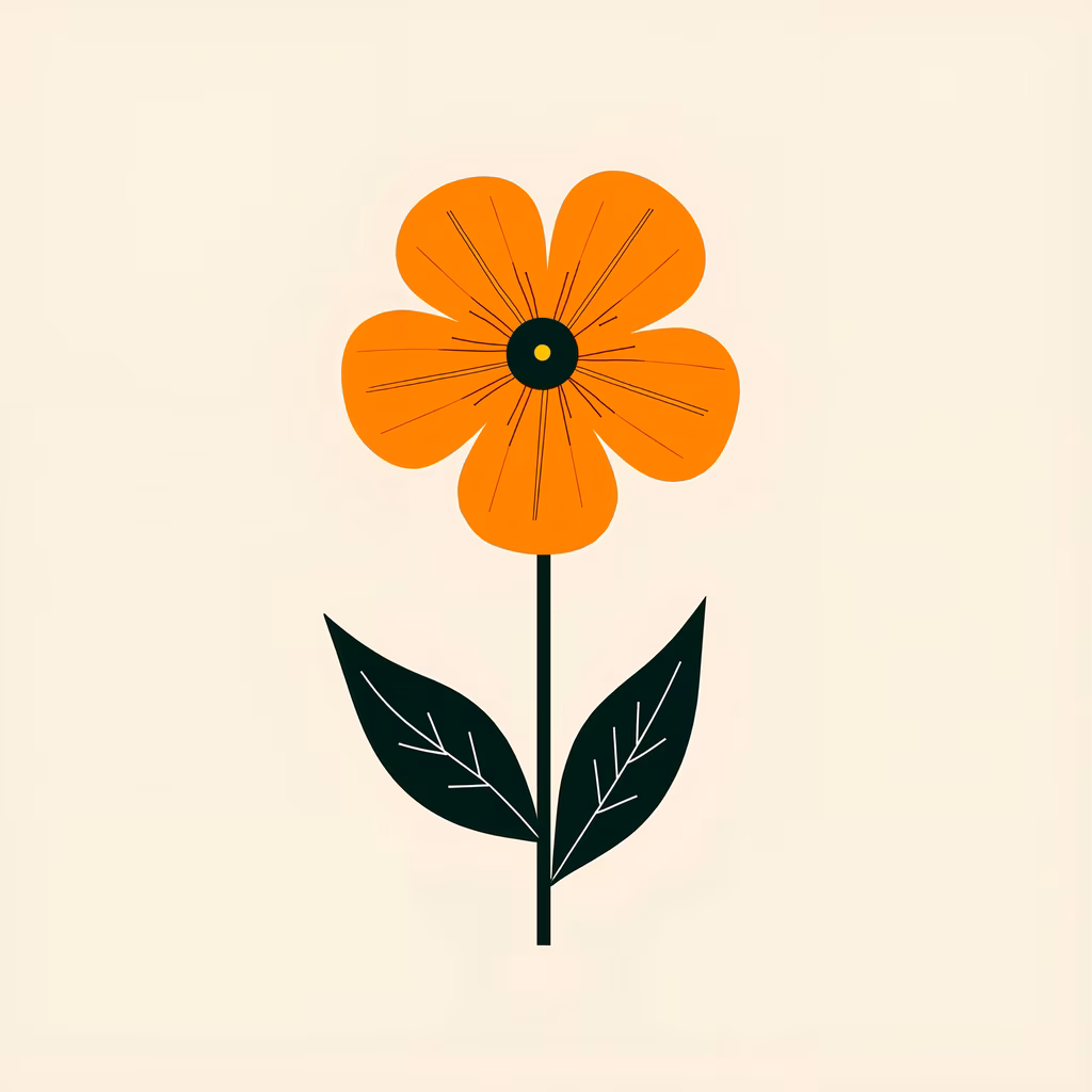 Minimalist orange flower illustration with bold colors and geometric shapes.