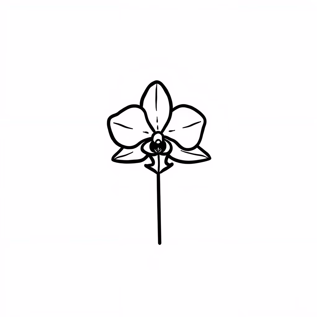Elegant black-and-white orchid illustration on a white background.