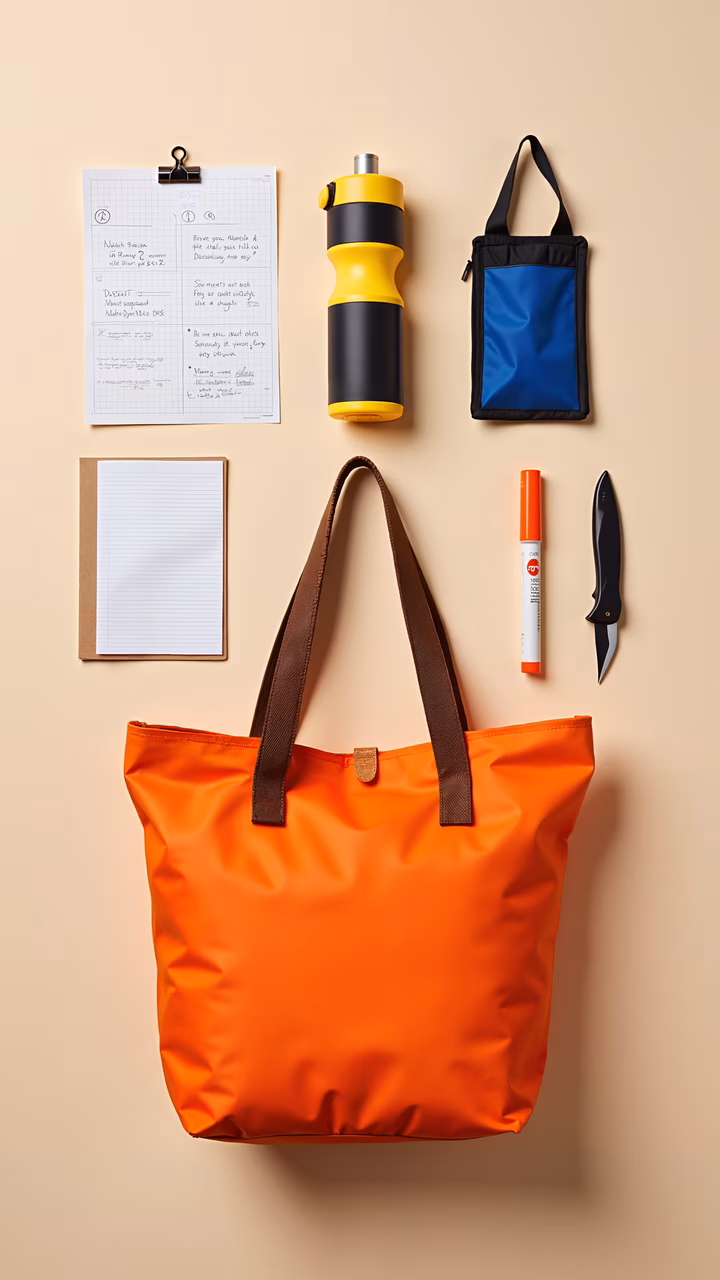 Organized essentials for work or study, featuring a tote bag, water bottle, pouch, and stationery items.