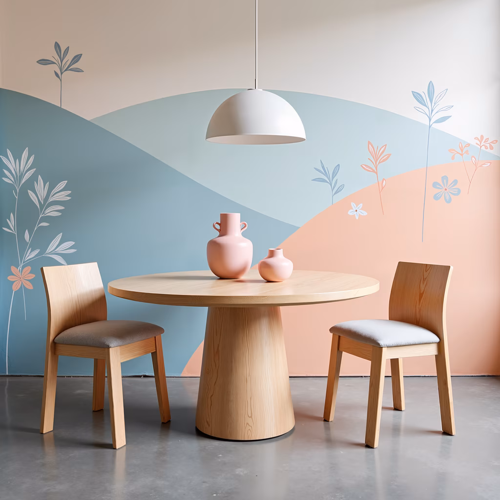 A cozy dining space with pastel walls and a wooden table, perfect for a relaxing meal.