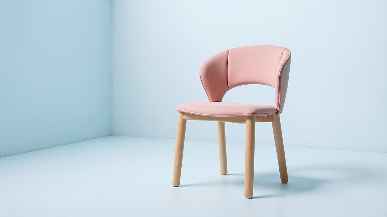 Minimalist pastel pink chair with wooden legs, serene and modern design.