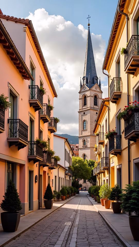Pastel Street with Church Steeple