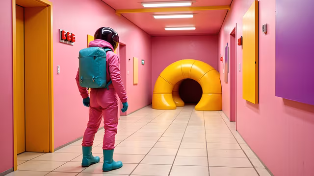 Pink Astronaut in Yellow Tunnel