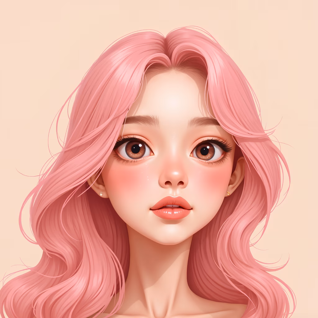Soft pastel illustration of a character with voluminous pink hair and expressive eyes.