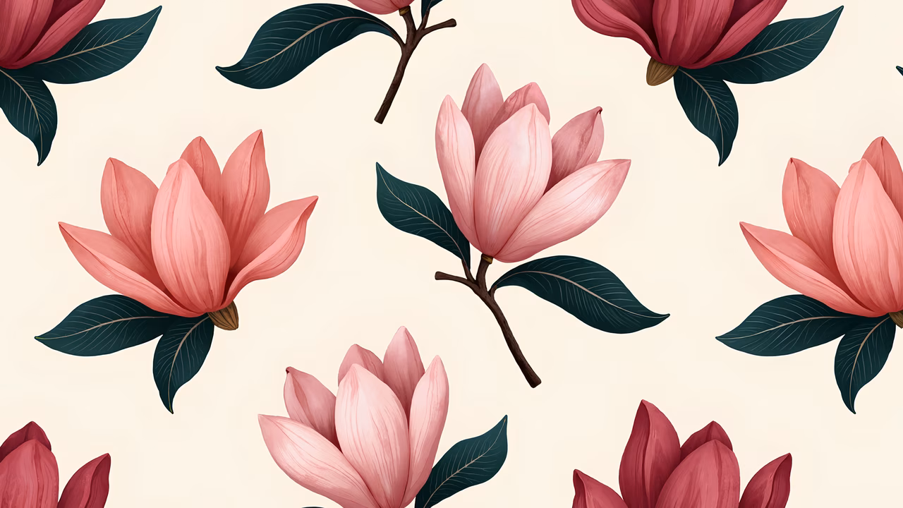 Delicate pink magnolias on a soft beige background, creating a tranquil floral illustration.