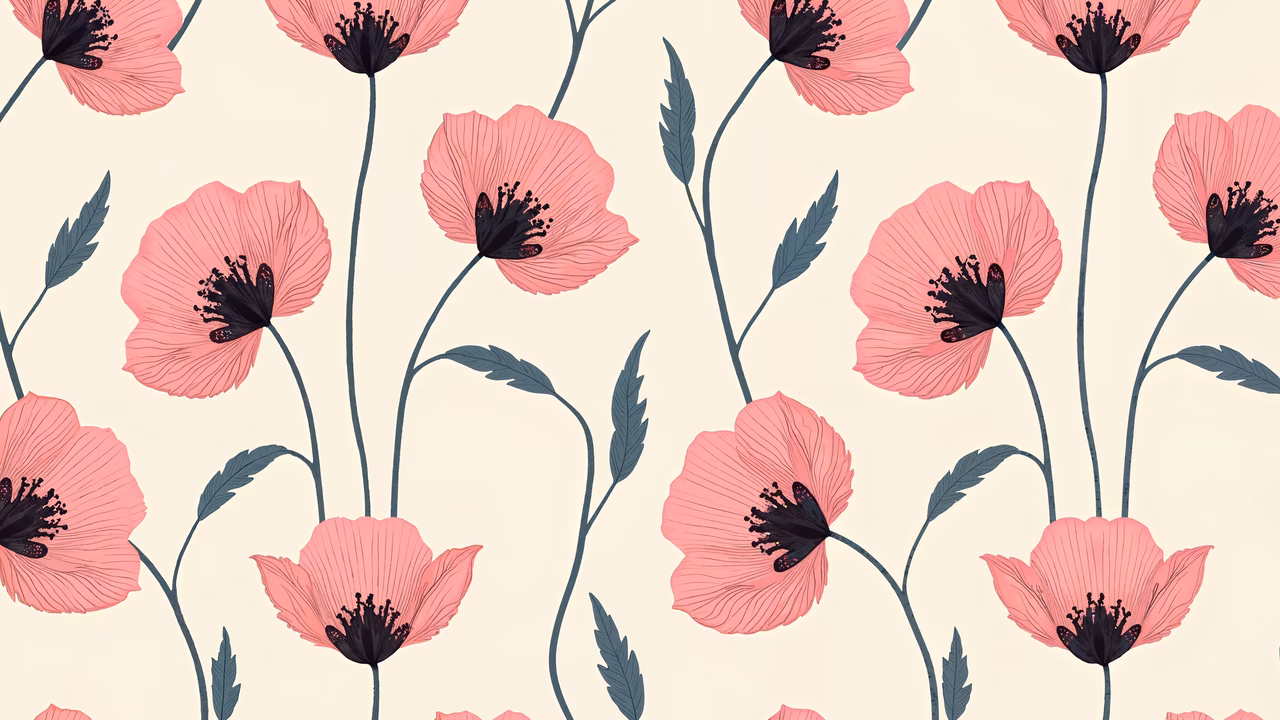 Delicate pink poppies on a soft beige background, creating a serene floral illustration.