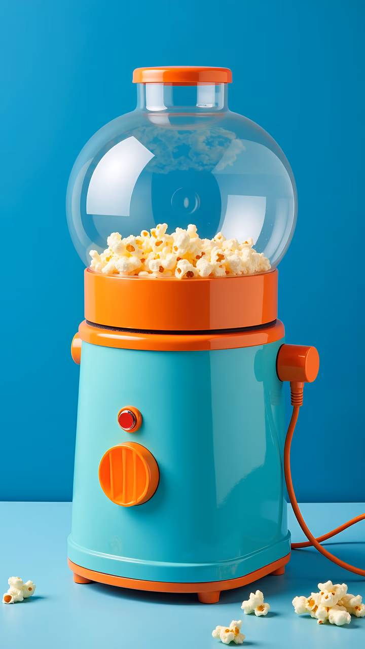 Brightly colored popcorn machine with fluffy popcorn, evoking nostalgia and comfort.