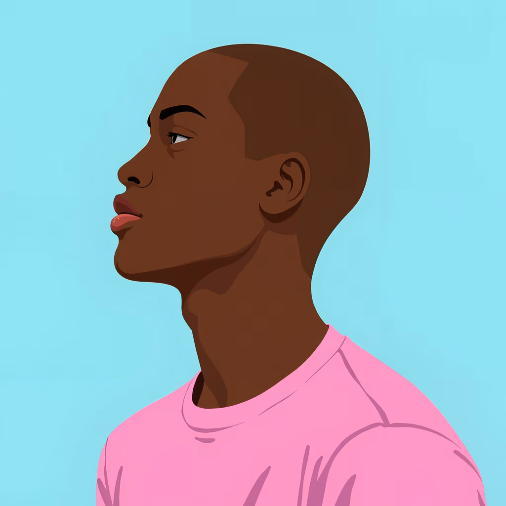 Minimalist side profile portrait of a person in a pink shirt against a light blue background.