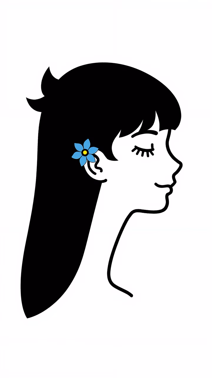 Minimalist side profile silhouette with blue flower detail.
