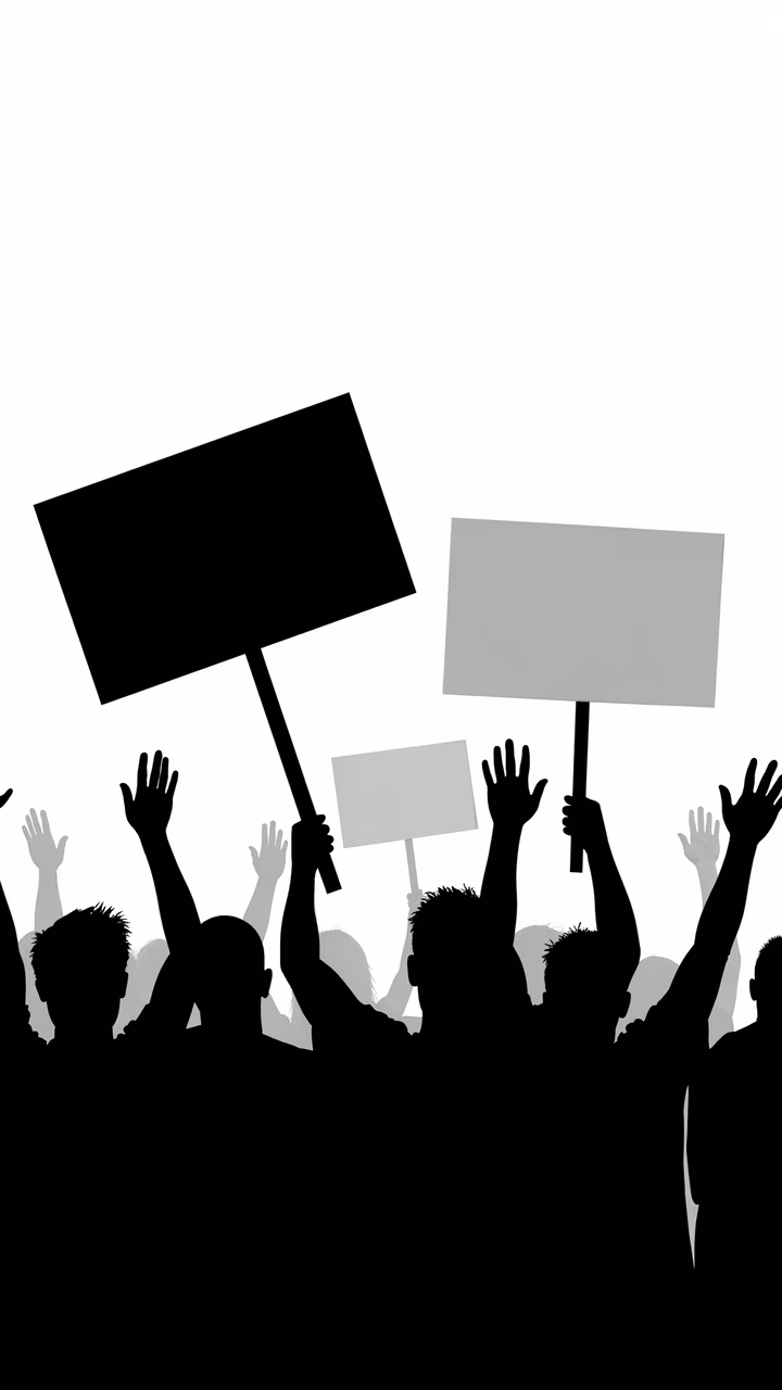 Silhouettes of protesters holding blank signs, symbolizing unity and activism.